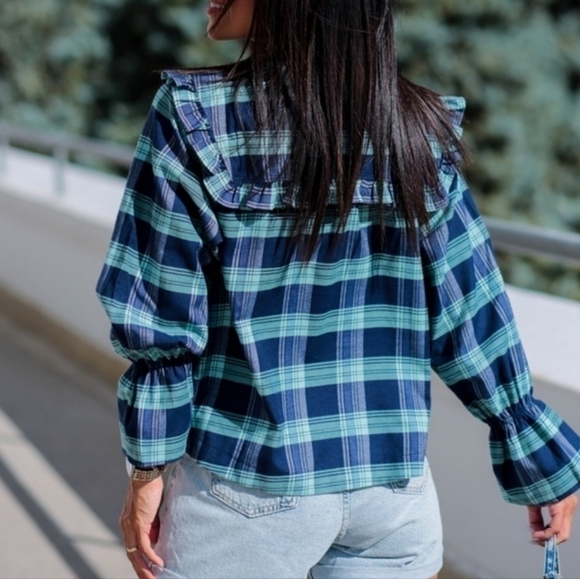 Topshop collared shirt blue plaid Peasant Baloon Sleeve Bohemian 8 Cottagecore - Picture 2 of 13